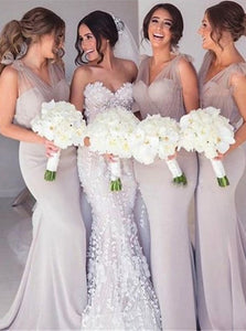 Mermaid V Neck Sweep Train Grey Bridesmaid Dresses