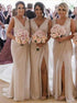 Mermaid V Neck High Split Bridesmaid Dresses With Pleats LBQB0027