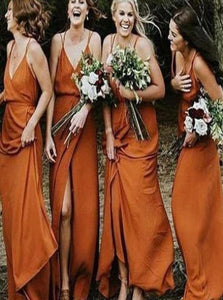 A Line V Neck Orange Bridesmaid Dresses with Split 
