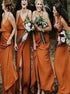 A Line V Neck Orange Bridesmaid Dresses with Split LBQB0030