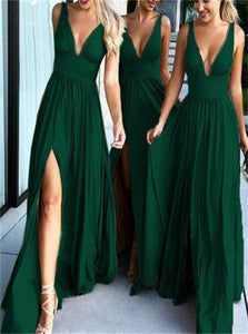 A Line V Neck Split Chiffon Green Bridesmaid Dresses