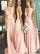 A Line Deep V Neck Blush Pink Bridesmaid Dresses
