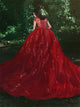Mermaid V Neck Tulle Cap Sleeves Prom Dresses With Appliques Chapel Train