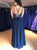 V Neck Lace Up Navy Blue Chiffon Prom Dress with Beadings