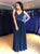 A Line V Neck Lace Up Navy Blue Chiffon Prom Dress with Beadings
