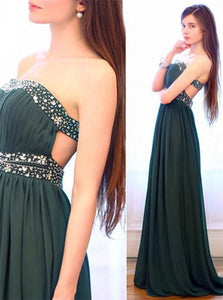 A Line Strapless Floor Length Chiffon Green Prom Dresses 