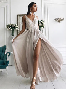 A Line Straps Floor Length Chiffon Appliques Prom Dresses with Slit