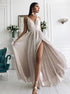 A Line Straps Floor Length Chiffon Appliques Prom Dress with Slit LBQ0428