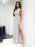 A Line High Neck Floor Length Chiffon Pleats Prom Dress LBQ0432