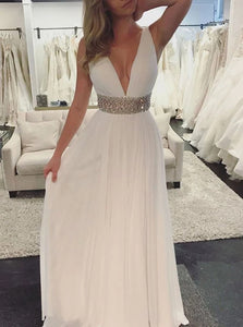 A Line V Neck Chiffon Beadings Prom Dresses 