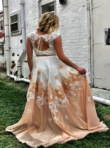 Two Piece A Line Scoop Short Sleeveless Open Back Chiffon Prom Dresses with Appliques 