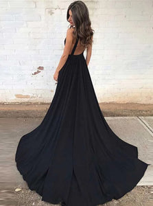 A Line V Neck Sweep Train Sleeveless Backless Chiffon Prom Dresses