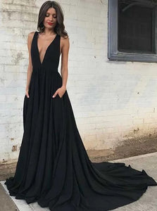 A Line V Neck Sweep Train Sleeveless Chiffon Prom Dresses