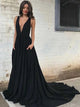 A Line V Neck Sweep Train Sleeveless Chiffon Prom Dresses