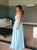 A Line Spaghetti V Neck Light Blue Chiffon Floor Length Prom Dresses