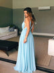 A Line Spaghetti V Neck Light Blue Chiffon Floor Length Prom Dresses