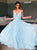 A Line Spaghetti V Neck Light Blue Chiffon Prom Dresses