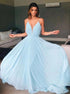 A Line Spaghetti V Neck Light Blue Chiffon Prom Dress LBQ0637