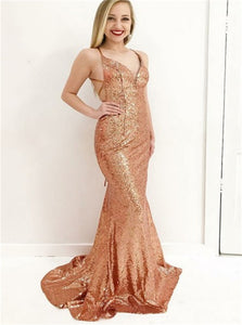 Mermaid Deep V Neck Gold Sequined Criss Cross Straps Prom Dresses