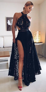 A-Line Halter Floor Length Black Prom Dresses,Lace Prom Dress with Split GJS328