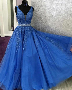 Royal Blue Lace V Neck Long Prom dresses  with Beading Belt GJS321