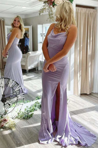 Elegant Open Back Lavender Satin Long Prom Dress with High Slit GJS705