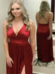 A Line Floor Length Satin Red Prom Dress with Split 