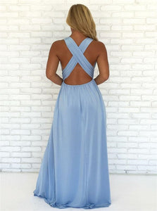 A Line V Neck Backless Prom Dress with Split LBQ0334