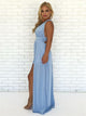 A Line V Neck Backless Prom Dress with Split LBQ0334