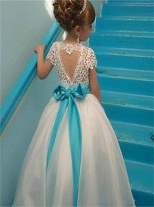 Cap Sleeves Beaded White Organza Flower Girl Dresses With Lace