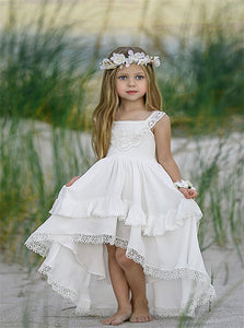 A Line High Low Ruffled White Satin Flower Girl Dresses