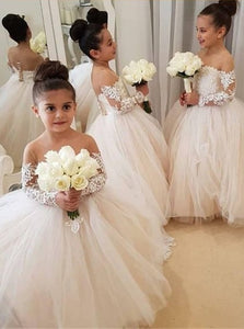 Ball Gown Long Sleeves Pink Flower Girl Dresses