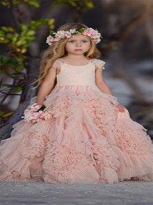 A Line Tulle Sweep Train Flower Girl Dresses with Beadings