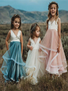 A Line V Neck Pink Tulle Flower Girl Dresses with Ruffles