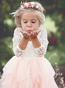A Line Scoop Tea Length 3/4 Sleeves Pink Flower Girl Dresses with Lace Ruffles 