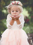 A Line Scoop Tea Length 3/4 Sleeves Pink Flower Girl Dresses with Lace Ruffles LBQF0028