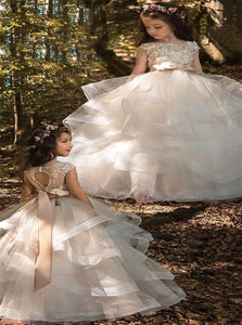 Organza Cap Sleeves Champagne Flower Girl Dresses 