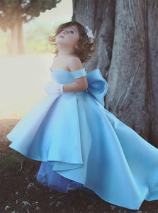Off The Shoulder Satin A Line Flower Girl Dresses With Bow Knot Asymmetrical