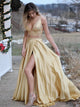 Two Piece Golden A Line V Neck Satin Prom Dress with Beadings and Slit