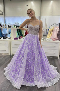 Gorgeous Purple Lace Beaded Long Prom Dress Sweetheart Ball Gown  GJS120