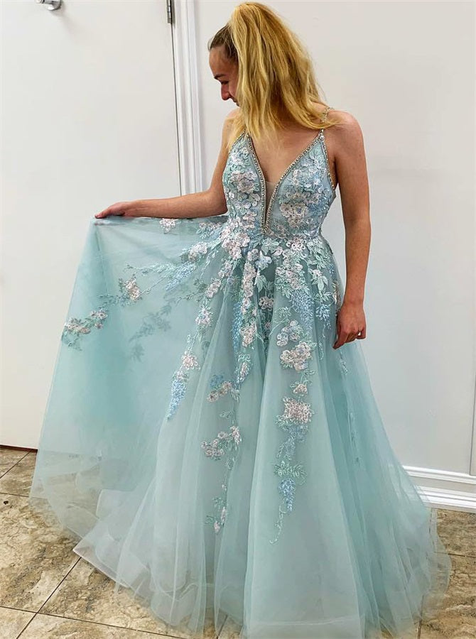 A Line Appliques Straps Tulle Mint Green Prom Dresses | Alinepromdress A Line Appliques Straps Tulle Mint Green Prom Dresses | Alinepromdress