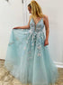 A Line Appliques Straps Tulle Mint Green Prom Dress LBQ0473