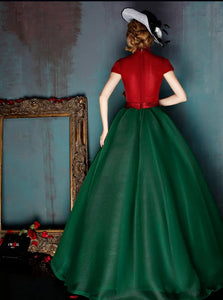  High Neck Green Red Tulle Belt Prom Dresses