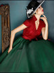  High Neck Green Red Short Sleeves Tulle Floor Length Prom Dresses