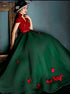  High Neck Green Red Short Sleeves Tulle Prom Dress LBQ0484