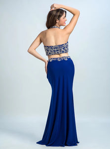 Sheath Halter Spandex Rhinestones Prom Dresses Beadeings With Slit 