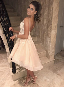 Open Back Mini Champagne Homecoming Dresses with Appliques