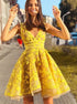 V Neck Yellow Appliques Short Tulle Homecoming Dress LBQH0052