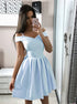 A Line Off Shoulder Short Light Blue Pleats Satin Homecoming Dresses LBQH0121