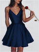 V Neck Pleats Stain Above Knee Blue Homecoming Dress